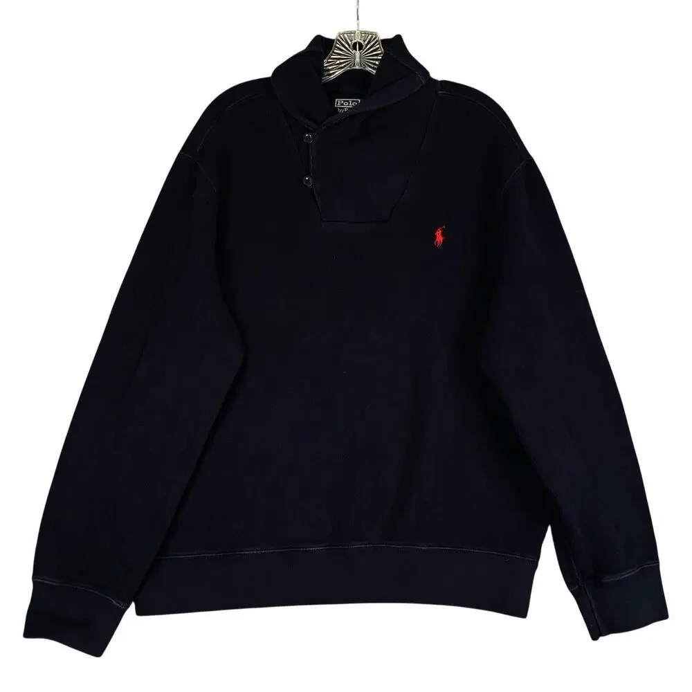 Polo Ralph Lauren Men's Shawl Collar Sweater Terry Knit Sweatshirt Navy Blue